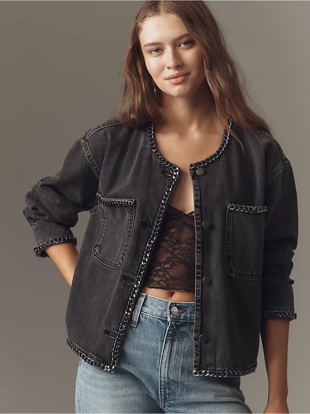 NWT Anthropologie Pilcro Chain Denim Jacket Gray Black Size L $178